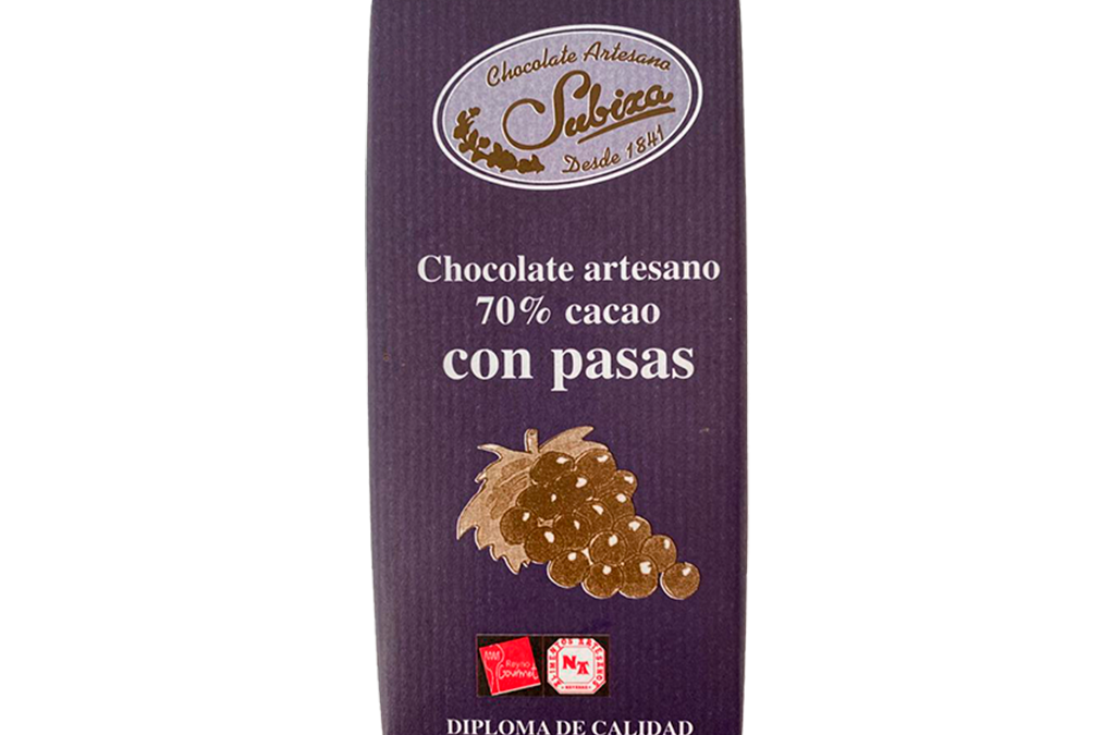 Chocolate artesano negro 70% Cacao con pasas al ron